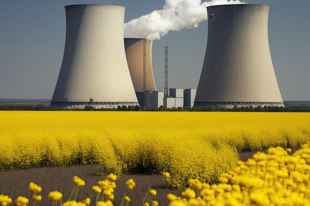 Zdjęcie elektrownia atomowa emitująca dym na polu żółtych kwiatów generative ai
