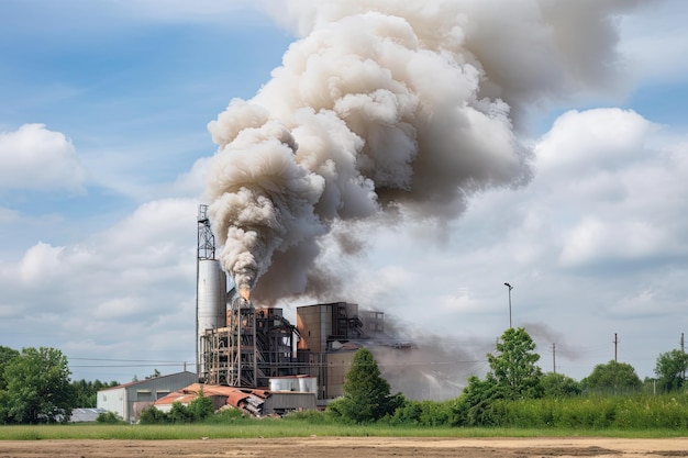 Elektrownia na biomasę z dymem unoszącym się z płonącego paliwa, stworzona za pomocą generatywnej sztucznej inteligencji