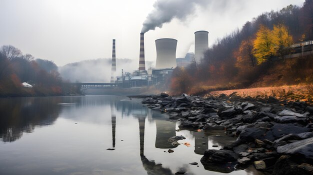 Zdjęcie elektrownia węglowa nad rzeką z popiołem i szczątkami węgla zanieczyszczającymi wodę