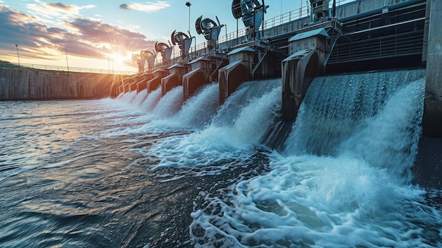 Zdjęcie elektrownia wodna z turbinami i wyciekami wody do wytwarzania zielonej energii elektrycznej bezpłatnie