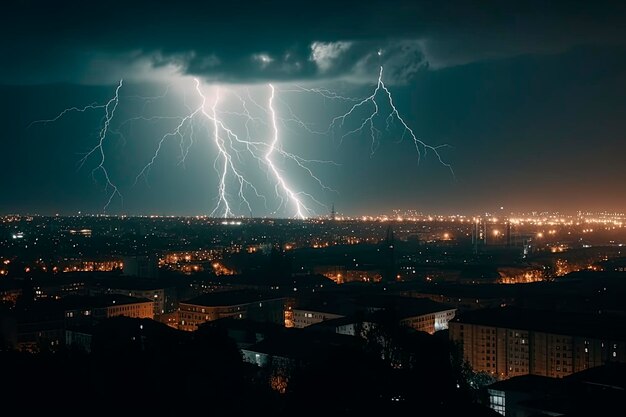 Elektryczna burza z piorunami Noc Dramatyczna scena, gdy błyskawice oświetlają ciemne burzliwe niebo