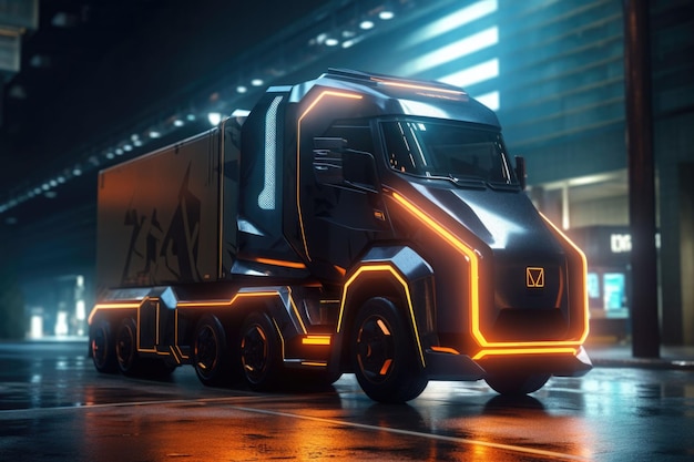 Elektryczna ciężarówka w futurystycznym środowisku Ciężarówka z neonami Ilustracja Generative AI