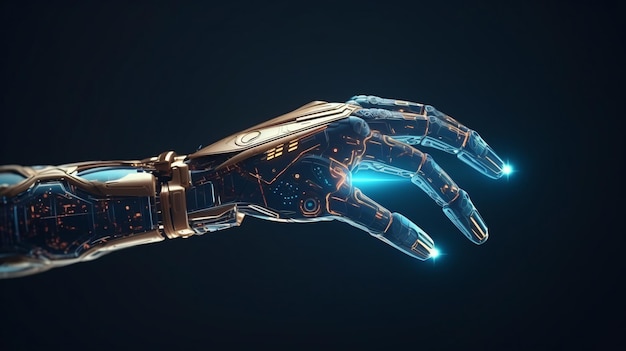 Elektryczna elegancja Futurystyczne zbliżenie dłoni robota ze świecącymi palcami zasilane przez generatywną sztuczną inteligencję