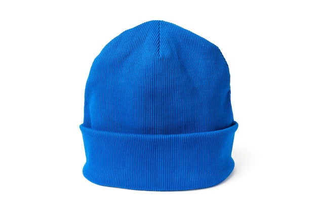 Zdjęcie elektryczna niebieska czapka beanie wykonana z naturalnej tkaniny ekologicznej w prążkowanej izolacji na białym tle
