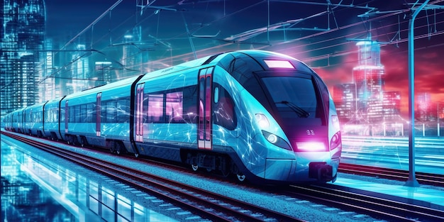 Elektryczne nowoczesne pociągi ścigają się przez futurystyczne miasto prezentując koncepcję współczesnego ekologicznego transportu Opływowy projekt płynnie łączy się z miejskim krajobrazem Generacyjna sztuczna inteligencja