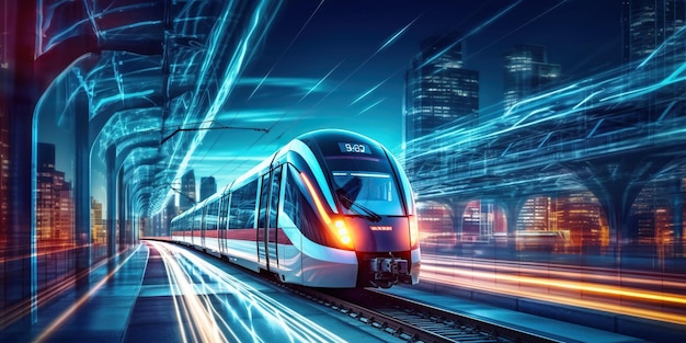 Elektryczne nowoczesne pociągi ścigają się przez futurystyczne miasto prezentując koncepcję współczesnego transportu przyjaznego dla środowiska Opływowy projekt płynnie łączy się z miejskim krajobrazem Generacyjna sztuczna inteligencja
