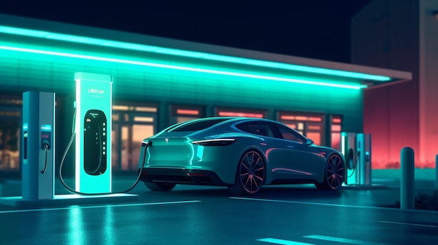 Elektryczne sny rozświetlające noc zbliżeniem naładowanego samochodu AI