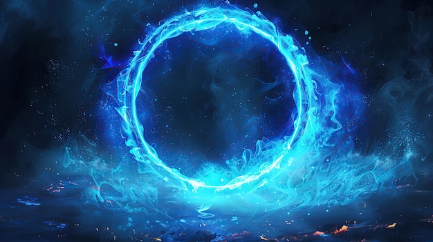Elektryczny niebieski krąg ognia w przestrzeni otoczony ciemnością.