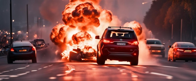 elektryczny nowy samochód SUV płonący w płomieniach, gdy baterie eksplodowały ilustracja