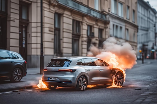 elektryczny nowy samochód SUV płonący w płomieniach, gdy baterie eksplodowały ilustracja