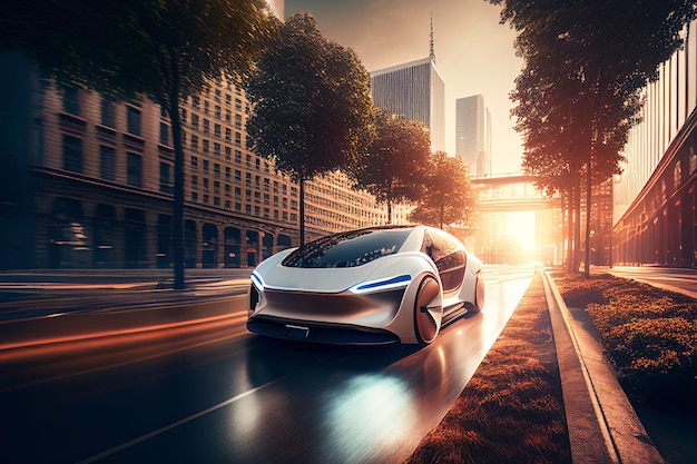 Elektryczny samochód sportowy poruszający się po porannej drodze w mieście przyszłości Stworzony przy użyciu technologii Generative AI