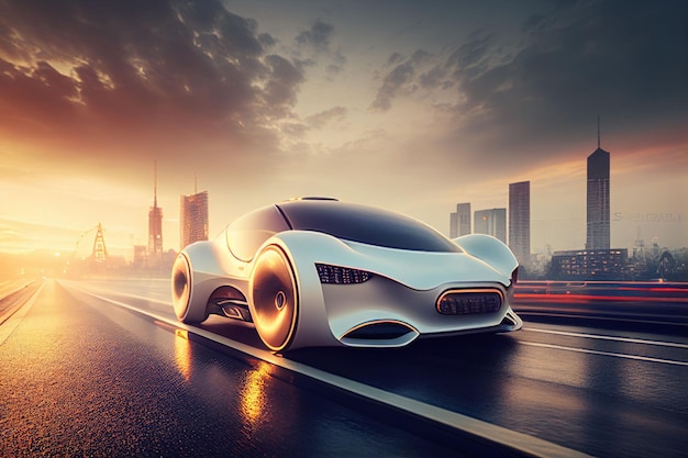 Elektryczny samochód sportowy poruszający się po porannej drodze w mieście przyszłości Stworzony przy użyciu technologii Generative AI