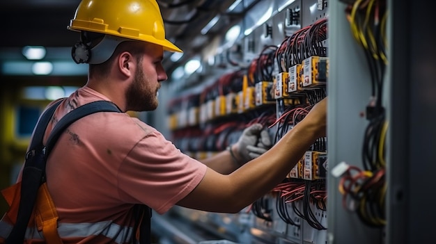 Elektryk w kasku i okularach ochronnych pracuje nad panelem elektrycznym