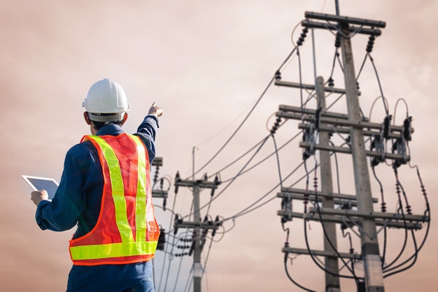 Elektryk z tabletem w dłoni wskazuje słup wysokiego napięcia.