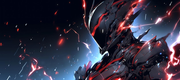 Elektryzujący wojownik anime w neonowej zbroi, gotowy do zaciętej bitwy
