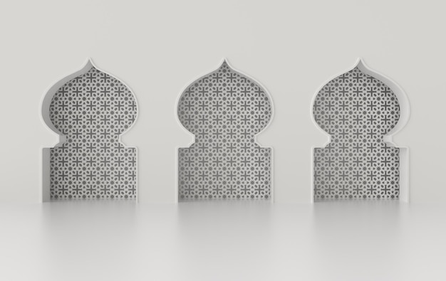 Element meczetu renderowania 3D w skomplikowanym oknie w stylu arabskiej architektury islamu Ramadan Kareem