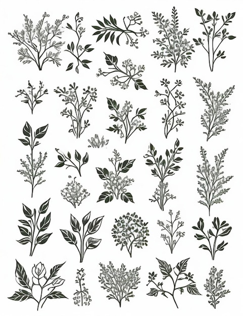 Elementy botaniczne kwiaty i oddział zestaw ilustracji wektorowych stylu sztuki linii