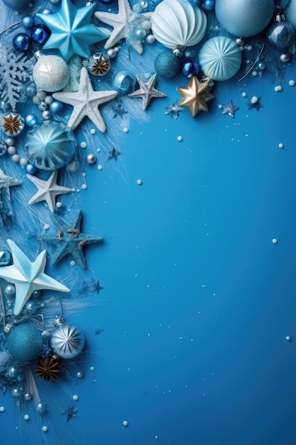 Elementy dekoracji bożonarodzeniowej na niebieskim tle