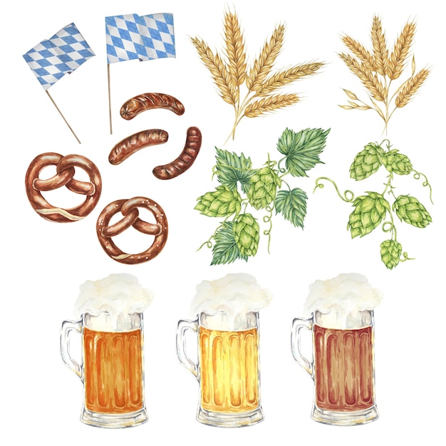 Elementy Oktoberfestu w akwarelach Pijarnie, kubki, grillowane kiełbaski, precle, pszenica, chmiel i flagi bawarskie, klipy do uroczystych projektów, browar