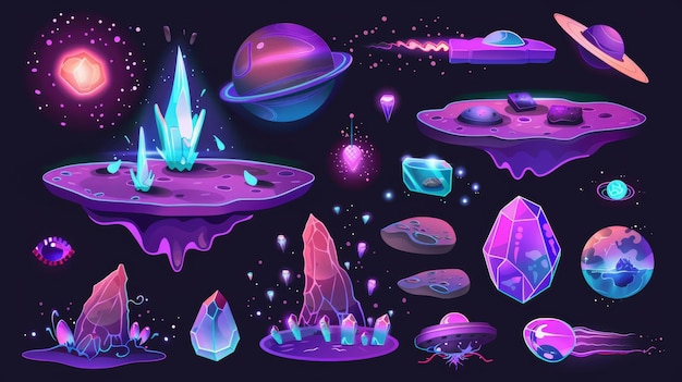 Elementy projektowania interfejsu gry zestaw pływających obcych planet magiczny portal i efekt wybuchu kamienie szlachetne i statki kosmiczne Nowoczesny zestaw ilustracji