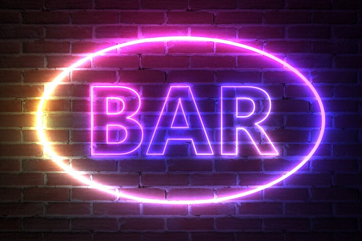Zdjęcie elipsa neon light frame ze znakiem baru przed ceglaną ścianą. renderowanie 3d