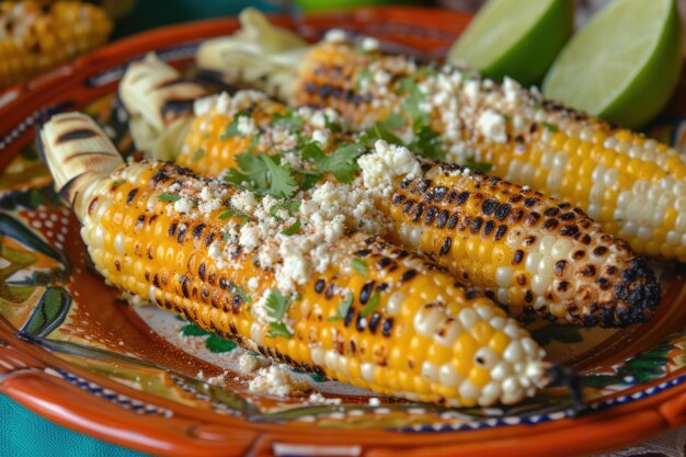 Zdjęcie elotes grilled mexican street corn on the cob z serem cotija chili w proszku majonezem