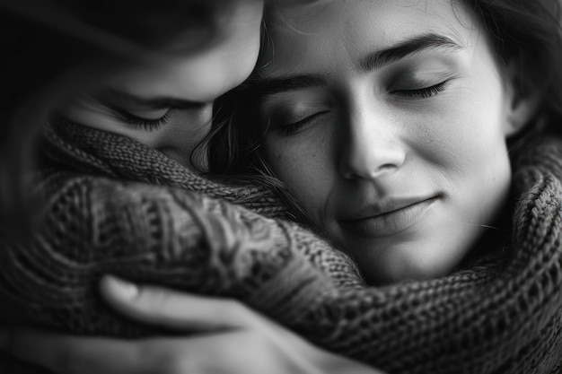 Zdjęcie embrace in knitwear comfort and affection czarno-biały obraz uchwycający czuły moment jako jeden p