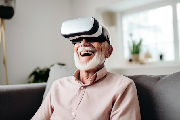 Emerytowany gracz śmiejący się w zestawie słuchawkowym wirtualnej rzeczywistości