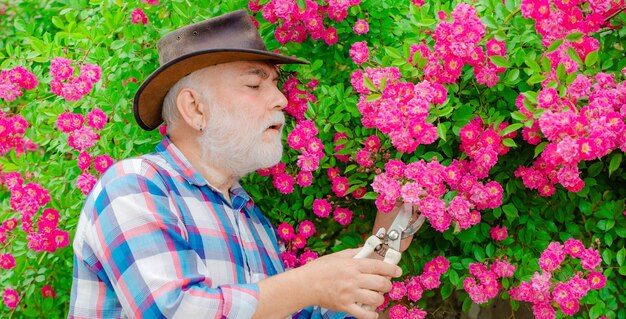 Emerytowany ogrodnik starszy portret wiosny sztandar szczęśliwy rolnik w kowbojskim kapeluszu zabawę na polu przechodzić na emeryturę