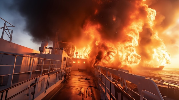 Emerytura pożarowa Pożar na statku zagrożenie morskie na pokładzie AI Generowane