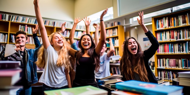 Zdjęcie emocje związane z powrotem do szkoły, w którym grupa różnorodnych uczniów wchodzi w interakcję w klasie na tle książek i materiałów edukacyjnych