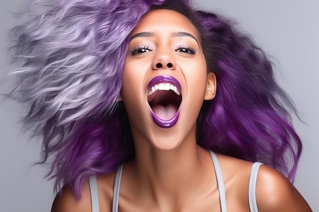 Emocjonalna Afroamerykanka z fioletowymi włosami krzycząca z podniecenia Generatywna sztuczna inteligencja