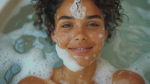 Emocjonalna szczęśliwa kobieta kąpi się w wannie z białą pianką na twarzy