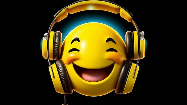 Emoji Smiley Listen Music ma żółtą twarz z oczami w słuchawkach i szerokim, szczęśliwym uśmiechem Oddaje radość i przyjemność ze słuchania muzyki Generacyjna sztuczna inteligencja