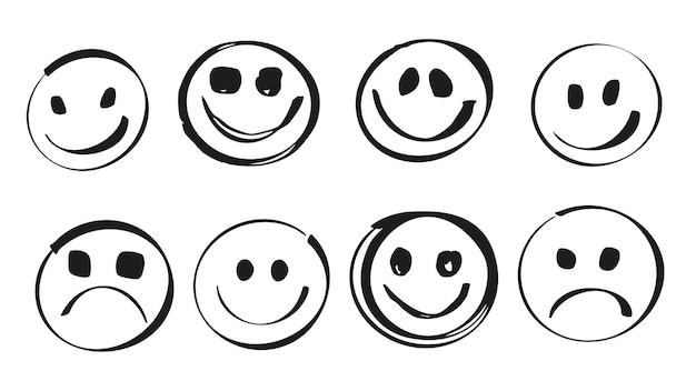 Emoji twarze zestaw tekstury pędzla marker Doodle elementy pisma ręcznego z czarnymi emotikonami z uśmiechem zabawne smutne inne pozytywne i negatywne uczucia wyrażenia twarzy ilustracja wektorowa