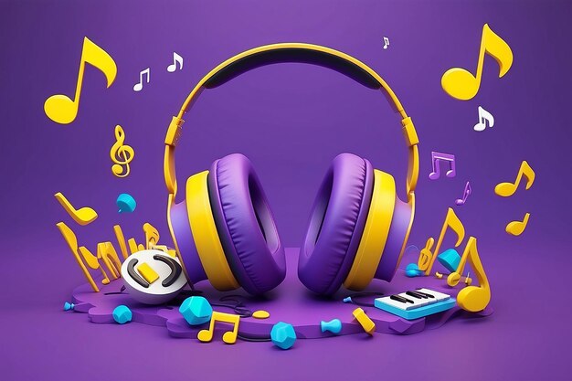 Emoji z słuchawkami i muzyką 3D na fioletowym tle