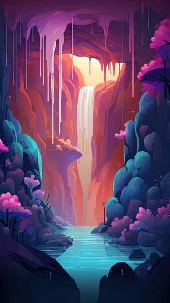 Enchanted Waterfall: Graphic Poster Design, Magical Color Wallpaper, Generative AI