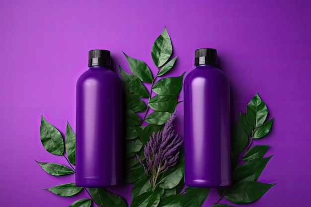 Enchanting Beauty Organiczny produkt do pielęgnacji włosów z zielonymi liśćmi fioletowym tłem