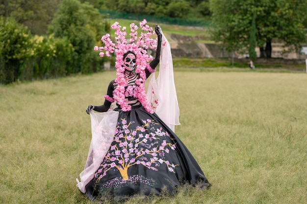 Zdjęcie enchanting catrina a da de los muertos sesja zdjęciowa na polach cempasuchil w cholula