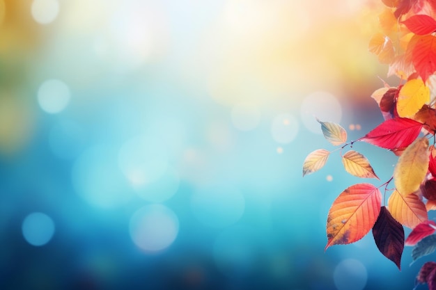 Enchanting Fall Vista Vibrant Red Yellow and Green Leaves Embrace Majestic Blue Bokeh Highlights