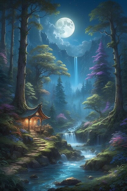Enchanting oświetlony przez miękkie oświetlenie księżyca w mistycznym lesie wyświetla