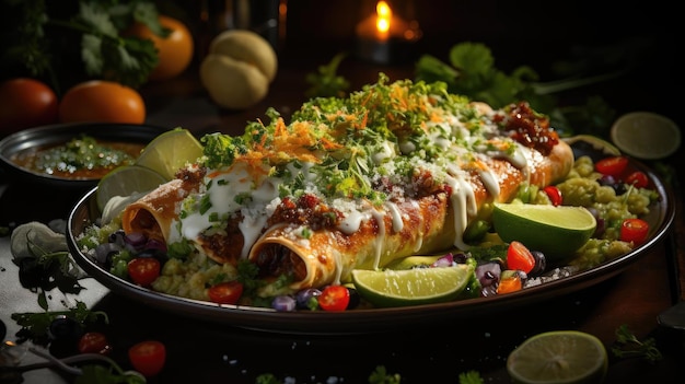 enchiladas faszerowane warzywami i mięsem z roztopionym majonezem i pikantnym sosem na drewnianym talerzu