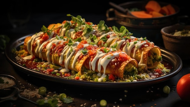 Enchiladas nadziewane warzywami i mięsem z roztopionym majonezem na drewnianym stole