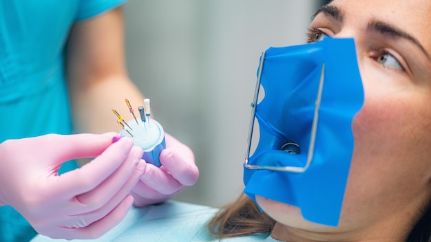 Endodonta przygotowujący broszkę kolczastą do leczenia endodontycznego w klinice dentystycznej