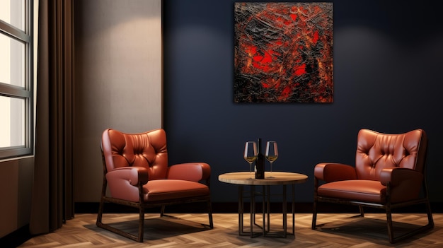 Energetyczny Salon Z Abstrakcyjnym Czerwonym Obrazem I Skórzanymi Krzesłami