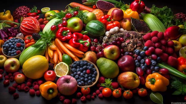 Zdjęcie energetyzująca uczta fitness kolorowy asortyment owoców warzyw ziół generative ai
