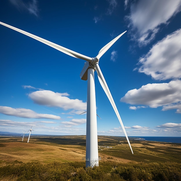 Energia odnawialna Turbina wiatrowa na polu na tle niebieskiego nieba dla mediów społecznościowych