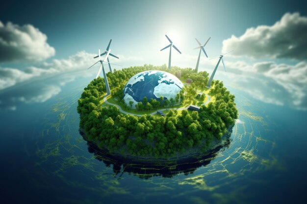 Energia odnawialna z zieloną energią, jak młyny wiatrowe i panele słoneczne na okrągłym tle ziemi