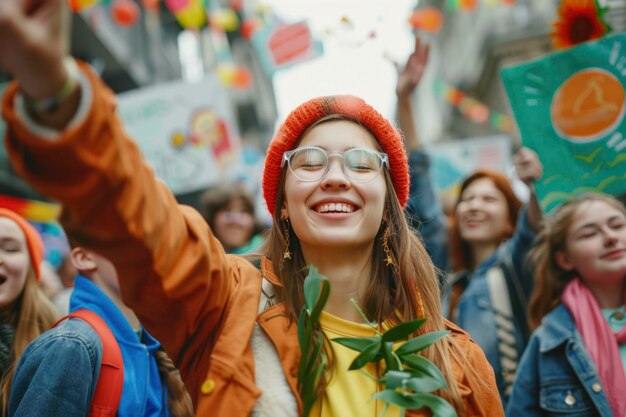 Zdjęcie energiczna młoda kobieta na demonstracji na rzecz zmian klimatycznych z grupą aktywistów