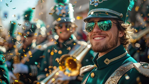 Zdjęcie energiczna orkiestra w zielonych mundurach na paradzie dnia św. patryka